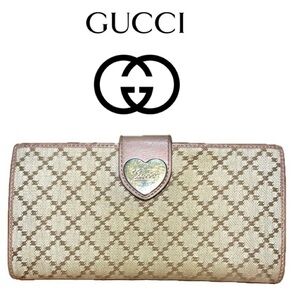 Gucci Diamante Heart Canvas Long Wallet, Brown/Pink Beige Leather